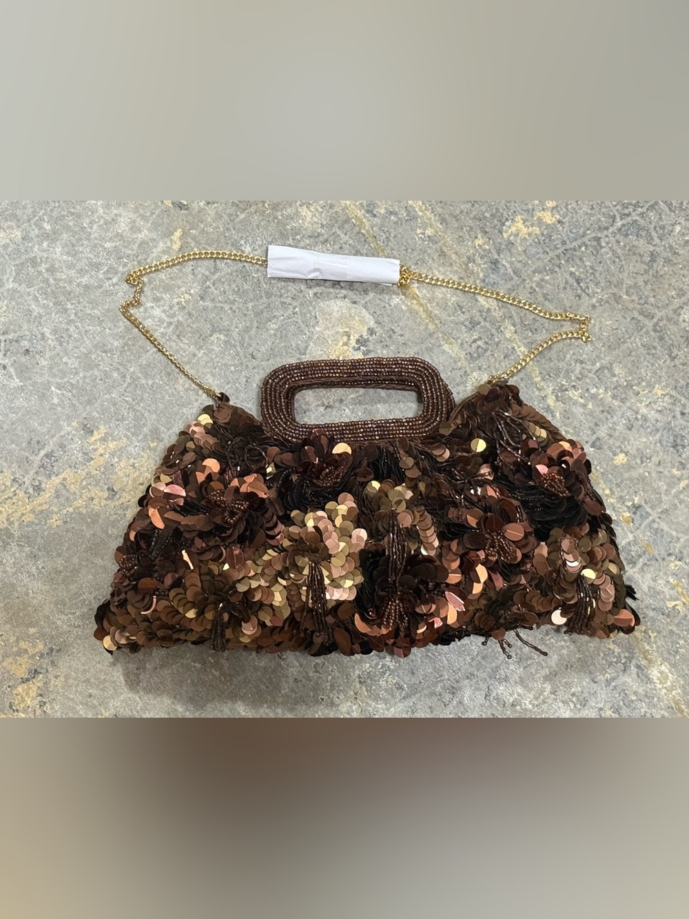 Source Unknown Brown Sequined Floral Evening Clutch with Gold Chain
